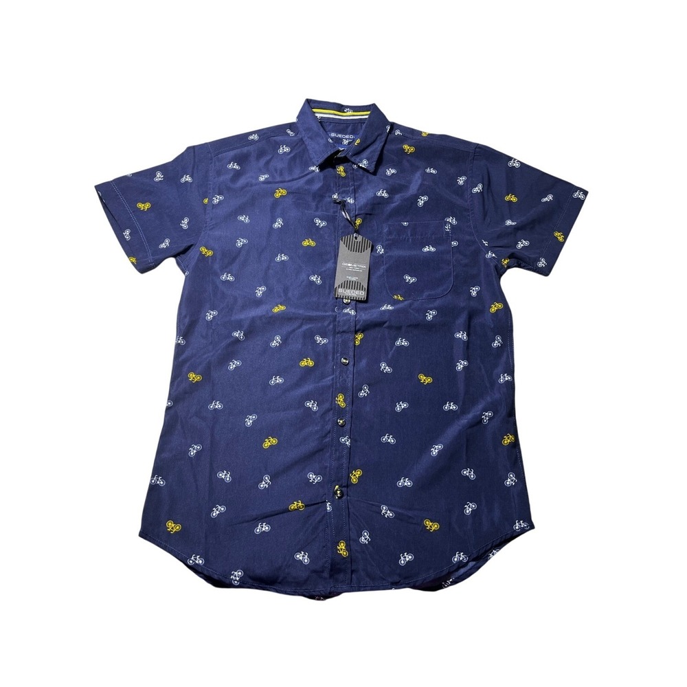 Geometrix Mens Medium Bicycle Print Button Front Shirt NWT Navy Blue